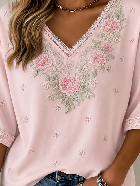 Vintage Floral V Neck Half Sleeve T-shirt