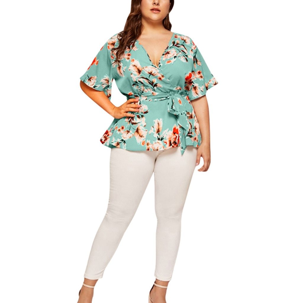 Women Blouse Plus Size Sexy V Neck Floral Print Flare Sleeve Belted Surplice Peplum Tops And Blouse Blusas Feminina Блузка #BL4