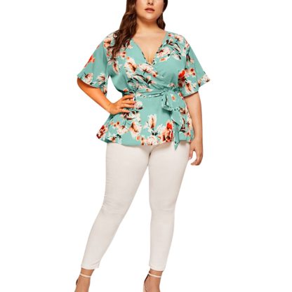 Women Blouse Plus Size Sexy V Neck Floral Print Flare Sleeve Belted Surplice Peplum Tops And Blouse Blusas Feminina Блузка #BL4