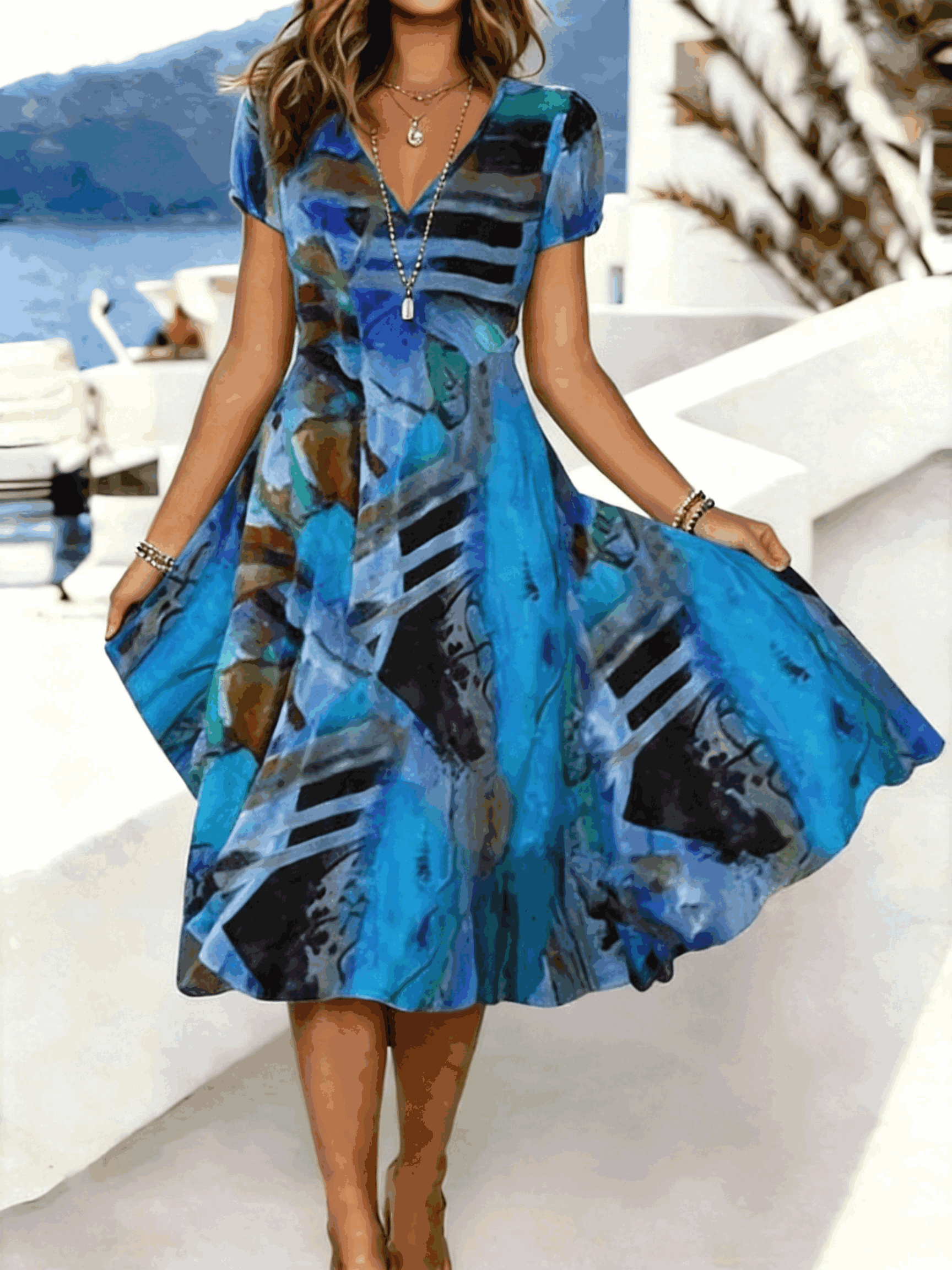 Blue - Women Random Print Summer Dress V N