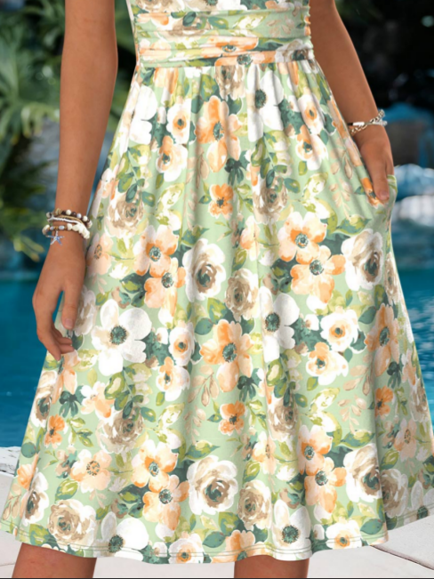Women Floral Summer Dress V Neck Sh