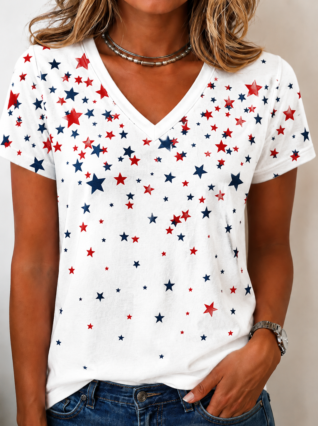 Casual Geometric V Neck Short Sleev