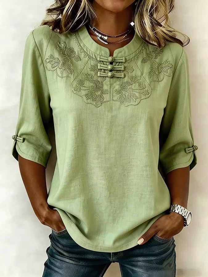 Green - Mandarin Collar Half Sleeve Floral 