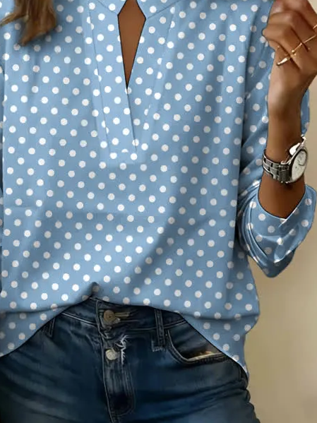 V Neck Long Sleeve Polka Dots Print