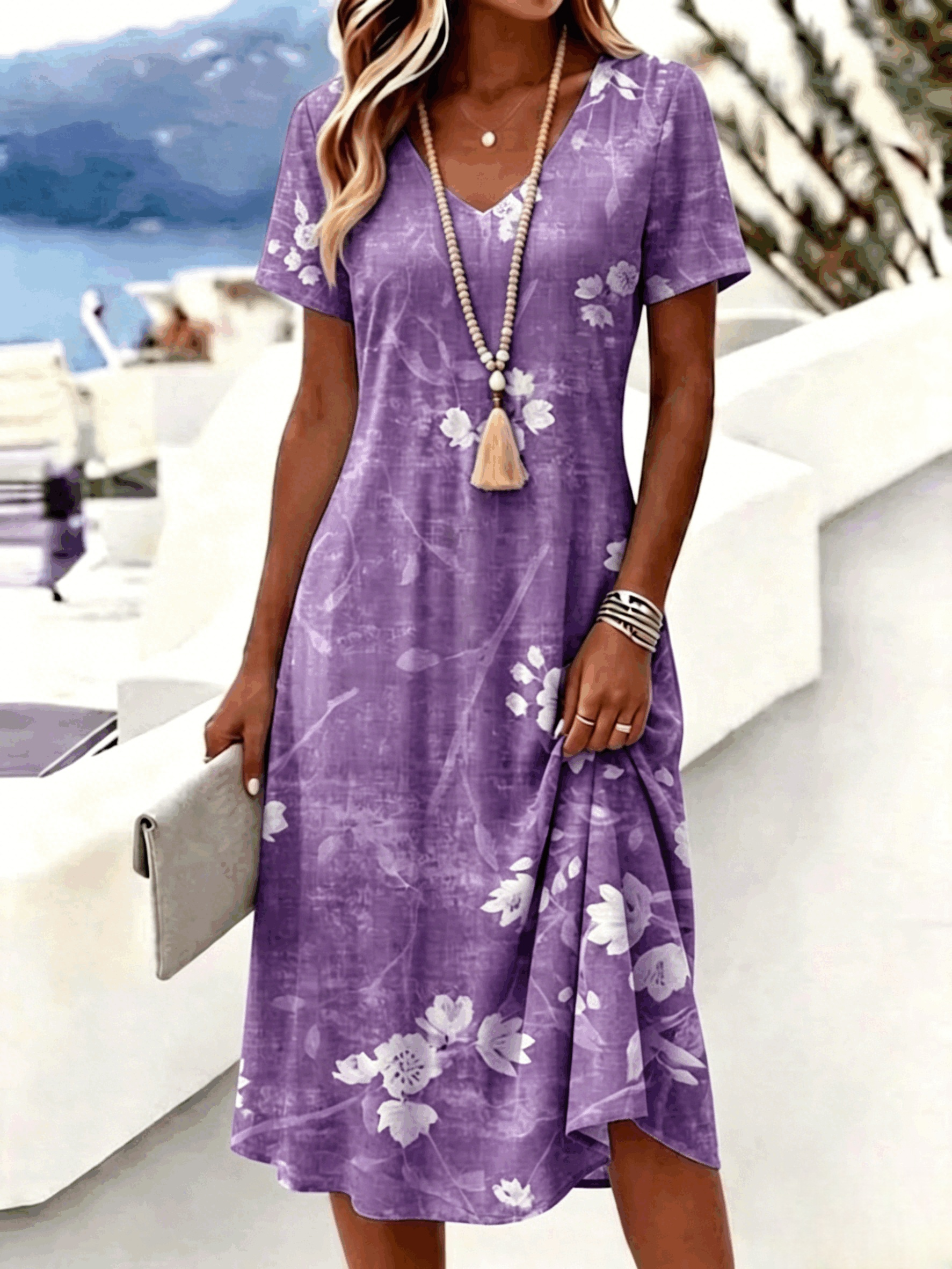 Purple - Women Floral Summer Dress V Neck Sh