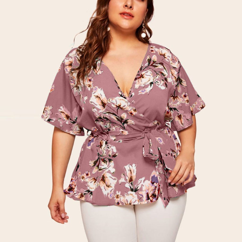 Women Blouse Plus Size Sexy V Neck Floral Print Flare Sleeve Belted Surplice Peplum Tops And Blouse Blusas Feminina Блузка #BL4