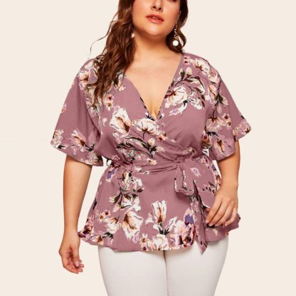 Women Blouse Plus Size Sexy V Neck Floral Print Flare Sleeve Belted Surplice Peplum Tops And Blouse Blusas Feminina Блузка #BL4