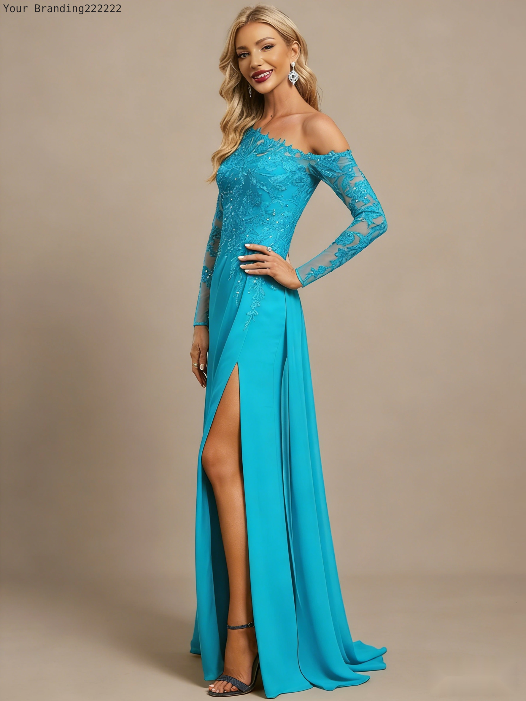 One-Shoulder Chiffon Gown with Thigh-High Slit