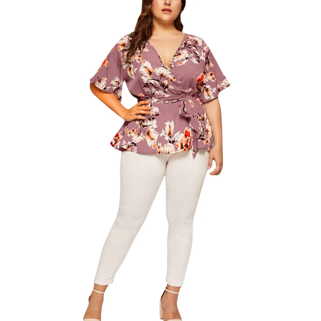 Women Blouse Plus Size Sexy V Neck Floral Print Flare Sleeve Belted Surplice Peplum Tops And Blouse Blusas Feminina Блузка #BL4