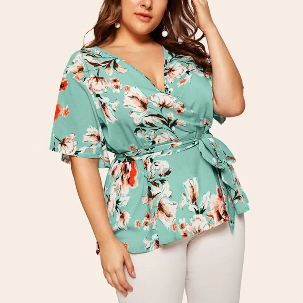 Women Blouse Plus Size Sexy V Neck Floral Print Flare Sleeve Belted Surplice Peplum Tops And Blouse Blusas Feminina Блузка #BL4