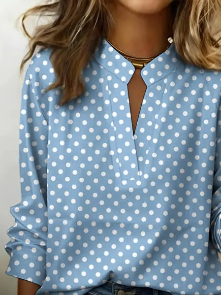 V Neck Long Sleeve Polka Dots Print