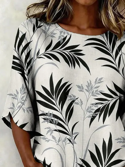 Crew Neck Half Sleeve Leaf Printing