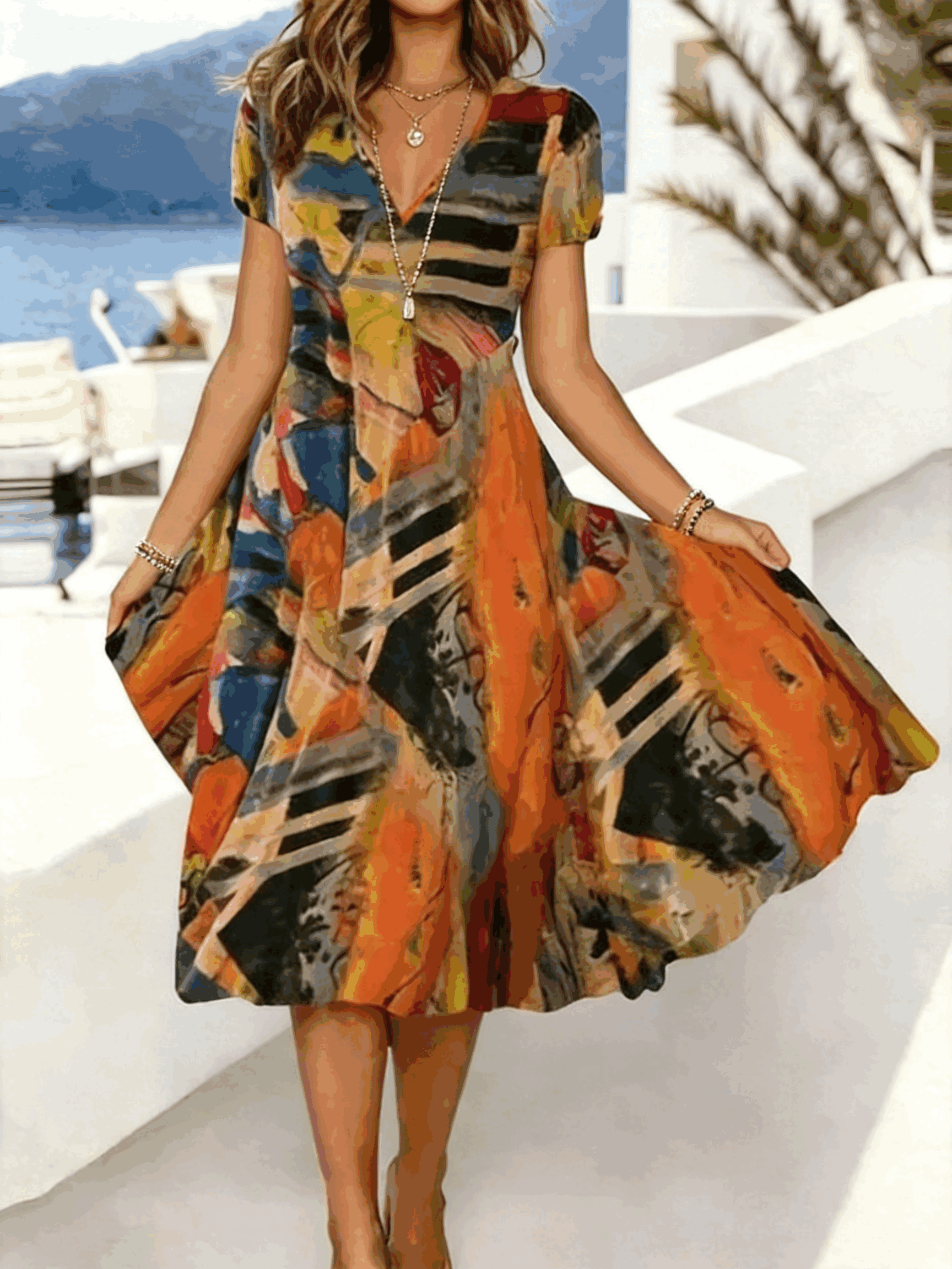 Orange - Women Random Print Summer Dress V N