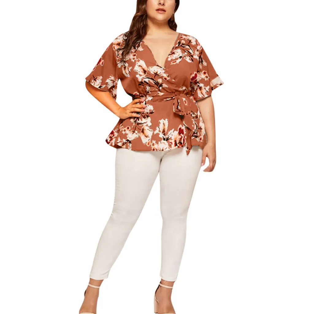 Women Blouse Plus Size Sexy V Neck Floral Print Flare Sleeve Belted Surplice Peplum Tops And Blouse Blusas Feminina Блузка #BL4