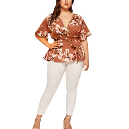 Women Blouse Plus Size Sexy V Neck Floral Print Flare Sleeve Belted Surplice Peplum Tops And Blouse Blusas Feminina Блузка #BL4