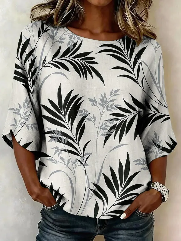 Crew Neck Half Sleeve Leaf Printing