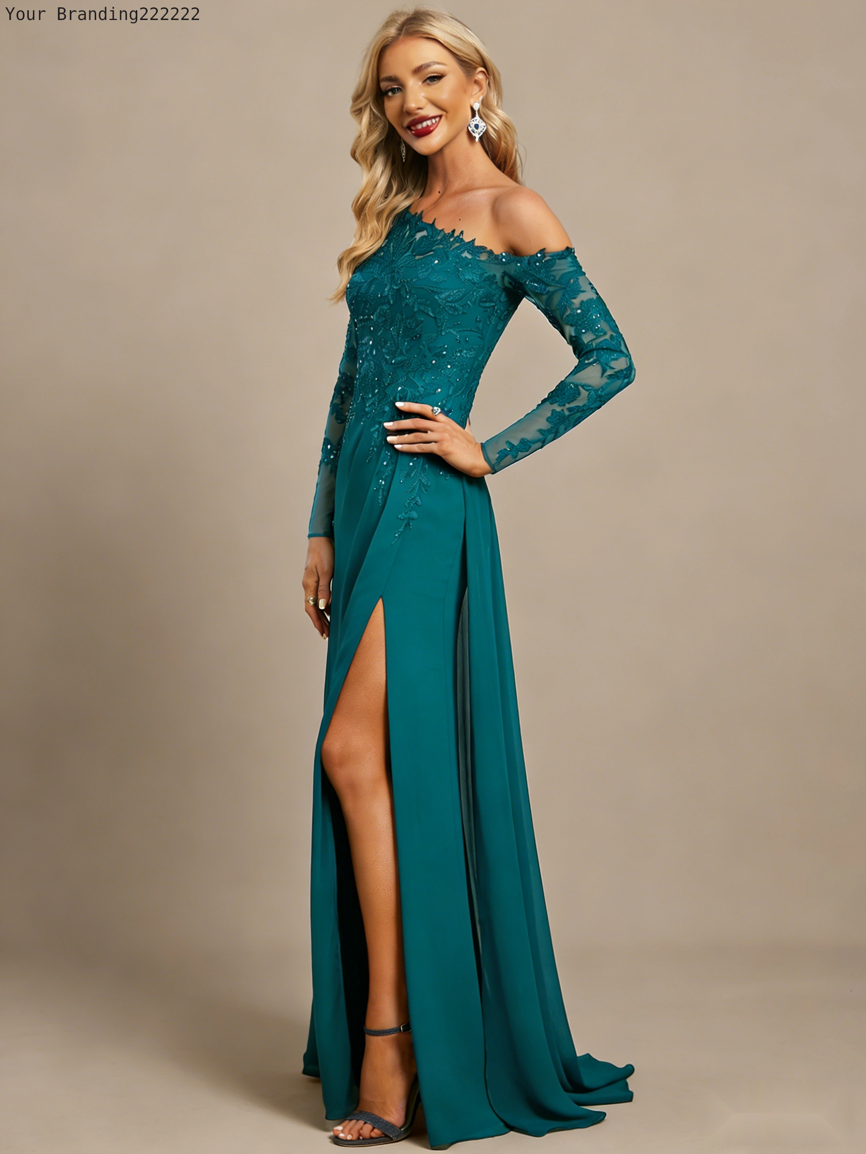 One-Shoulder Chiffon Gown with Thigh-High Slit