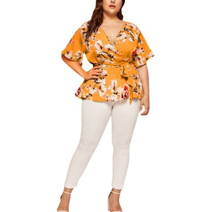 Women Blouse Plus Size Sexy V Neck Floral Print Flare Sleeve Belted Surplice Peplum Tops And Blouse Blusas Feminina Блузка #BL4