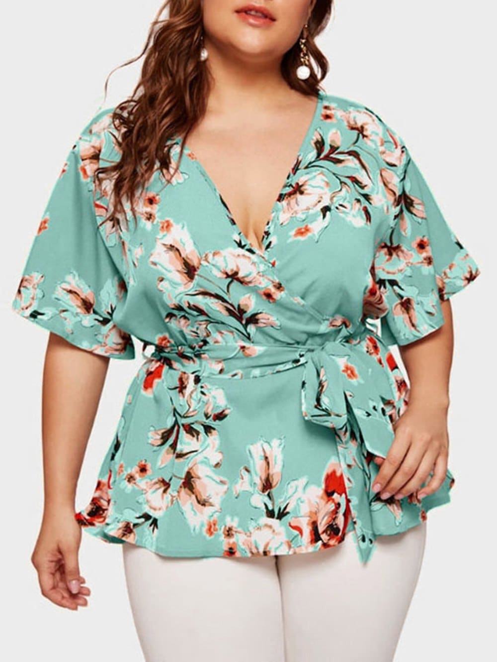 Women Blouse Plus Size Sexy V Neck Floral Print Flare Sleeve Belted Surplice Peplum Tops And Blouse Blusas Feminina Блузка #BL4