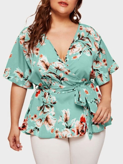 Women Blouse Plus Size Sexy V Neck Floral Print Flare Sleeve Belted Surplice Peplum Tops And Blouse Blusas Feminina Блузка #BL4