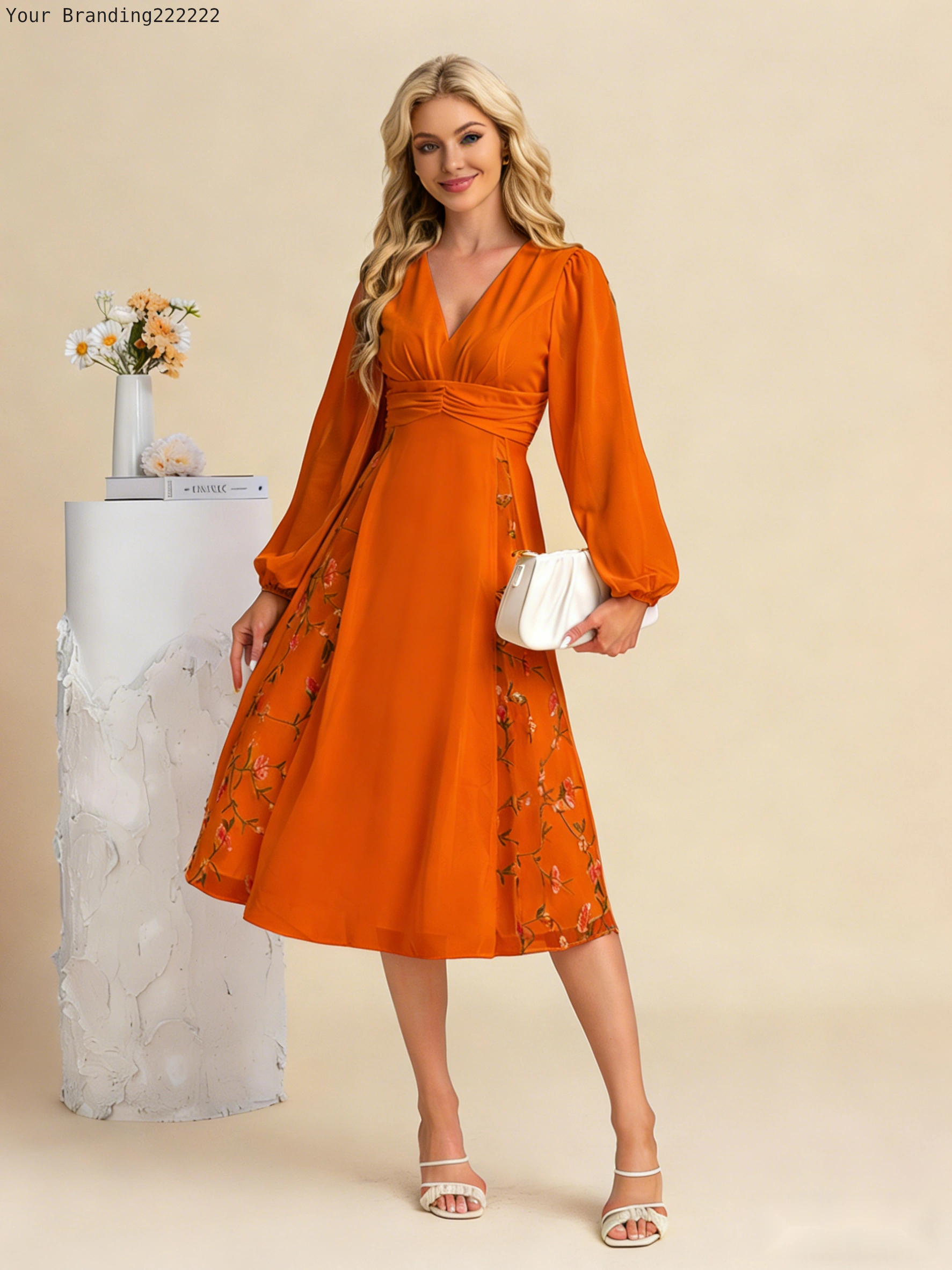Elegant Long-Sleeved V-Neck Midi Gown