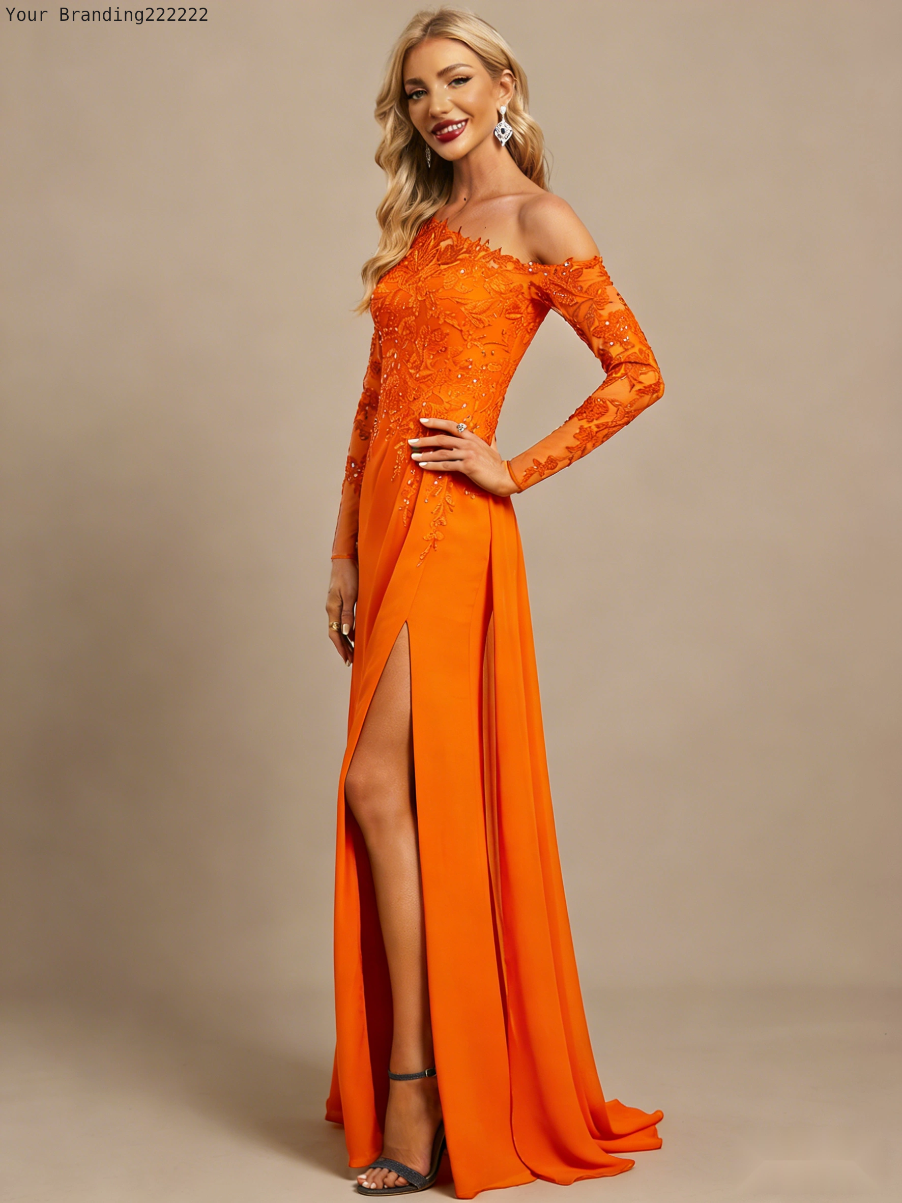One-Shoulder Chiffon Gown with Thigh-High Slit