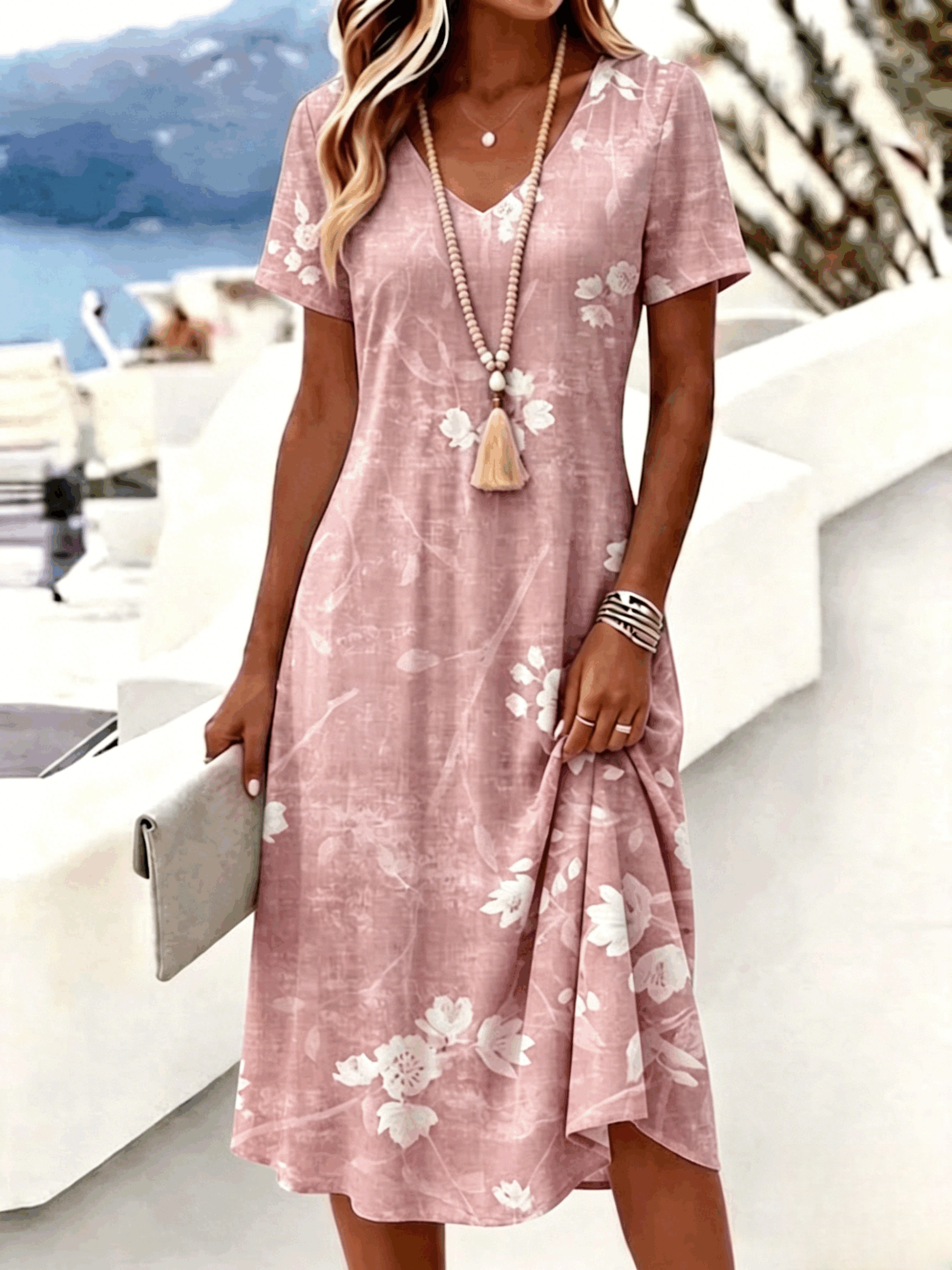 Pink - Women Floral Summer Dress V Neck Sh