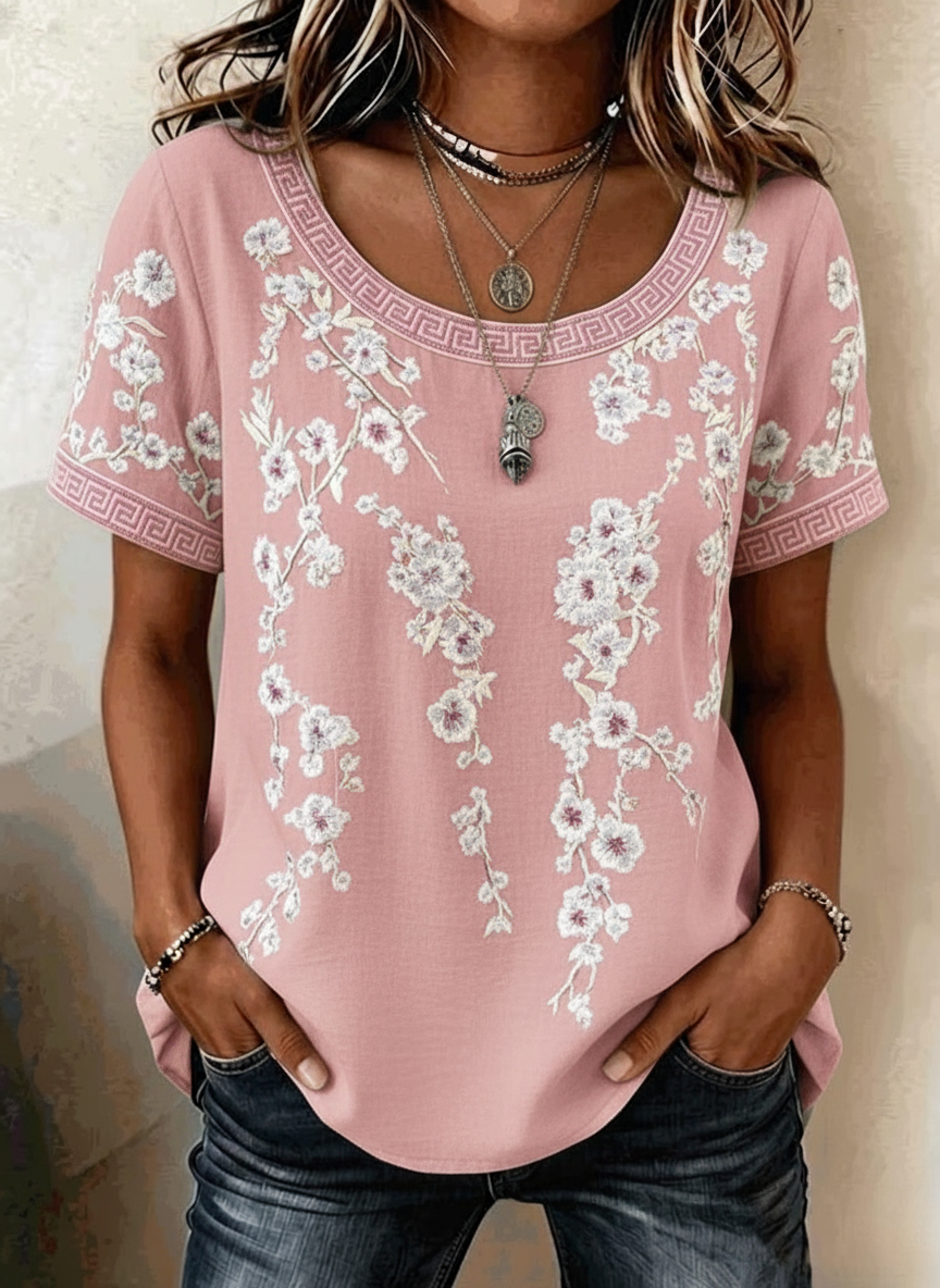 Pink - Vintage Geometric Crew Neck Short S