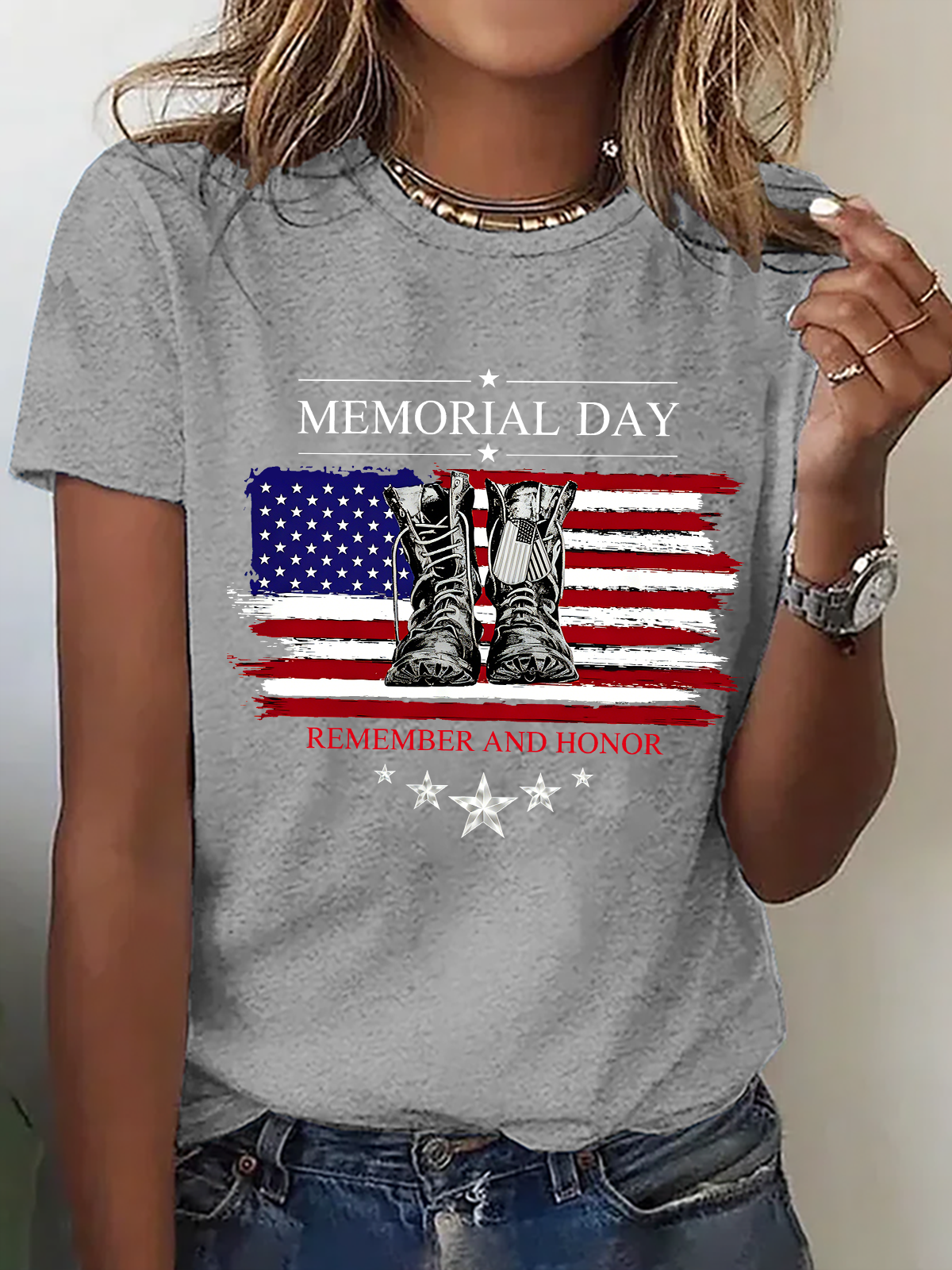 Gray - Vintage Text Letters Crew Neck Shor