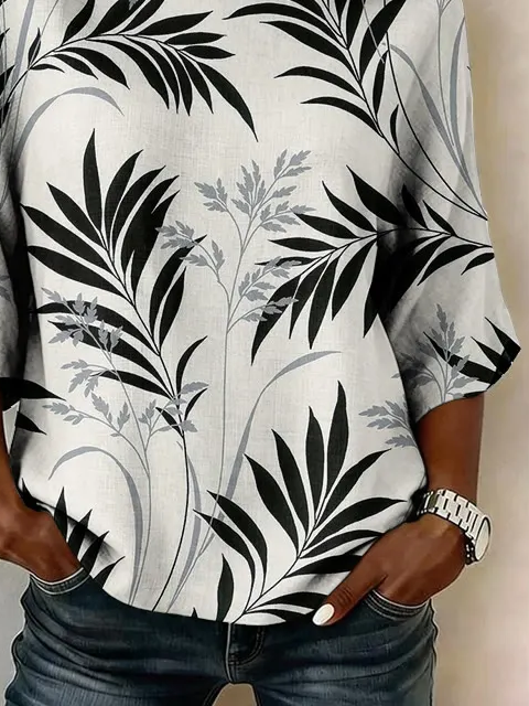 Crew Neck Half Sleeve Leaf Printing