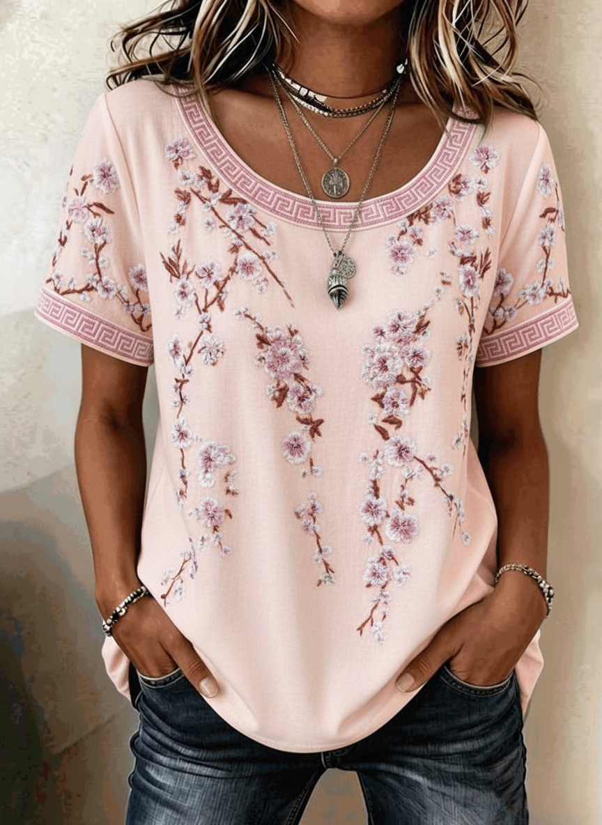 Light Pink - Vintage Geometric Crew Neck Short S