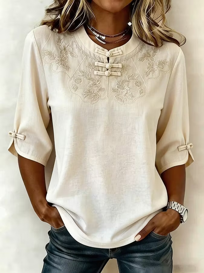 White - Mandarin Collar Half Sleeve Floral 