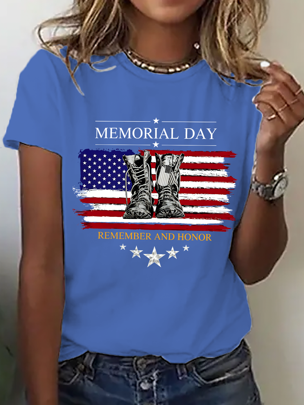Blue - Vintage Text Letters Crew Neck Shor