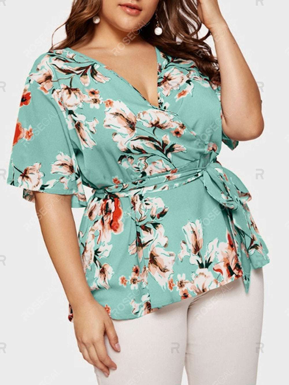 Women Blouse Plus Size Sexy V Neck Floral Print Flare Sleeve Belted Surplice Peplum Tops And Blouse Blusas Feminina Блузка #BL4