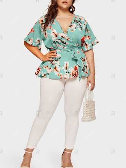 Women Blouse Plus Size Sexy V Neck Floral Print Flare Sleeve Belted Surplice Peplum Tops And Blouse Blusas Feminina Блузка #BL4