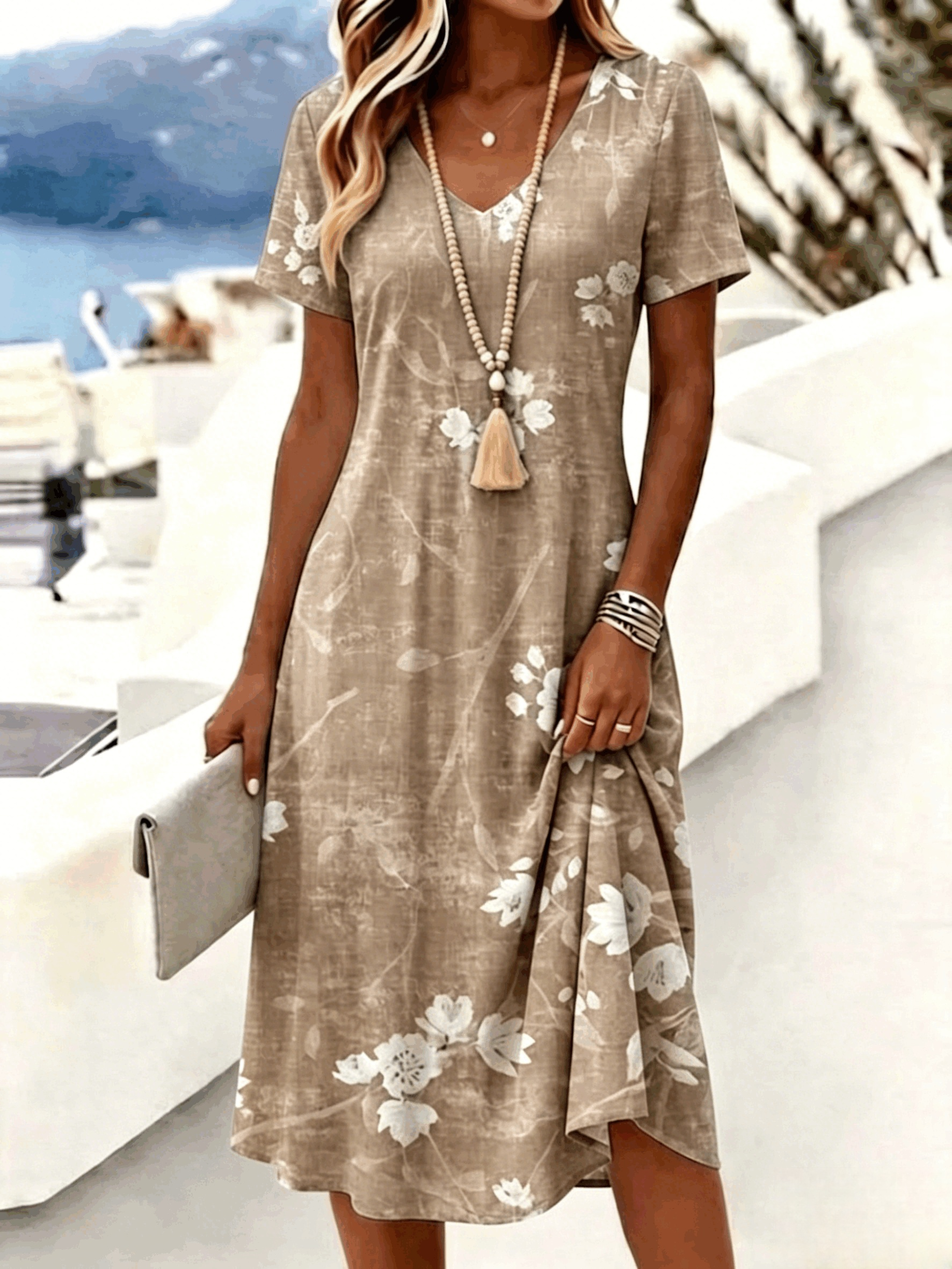 Khaki - Women Floral Summer Dress V Neck Sh