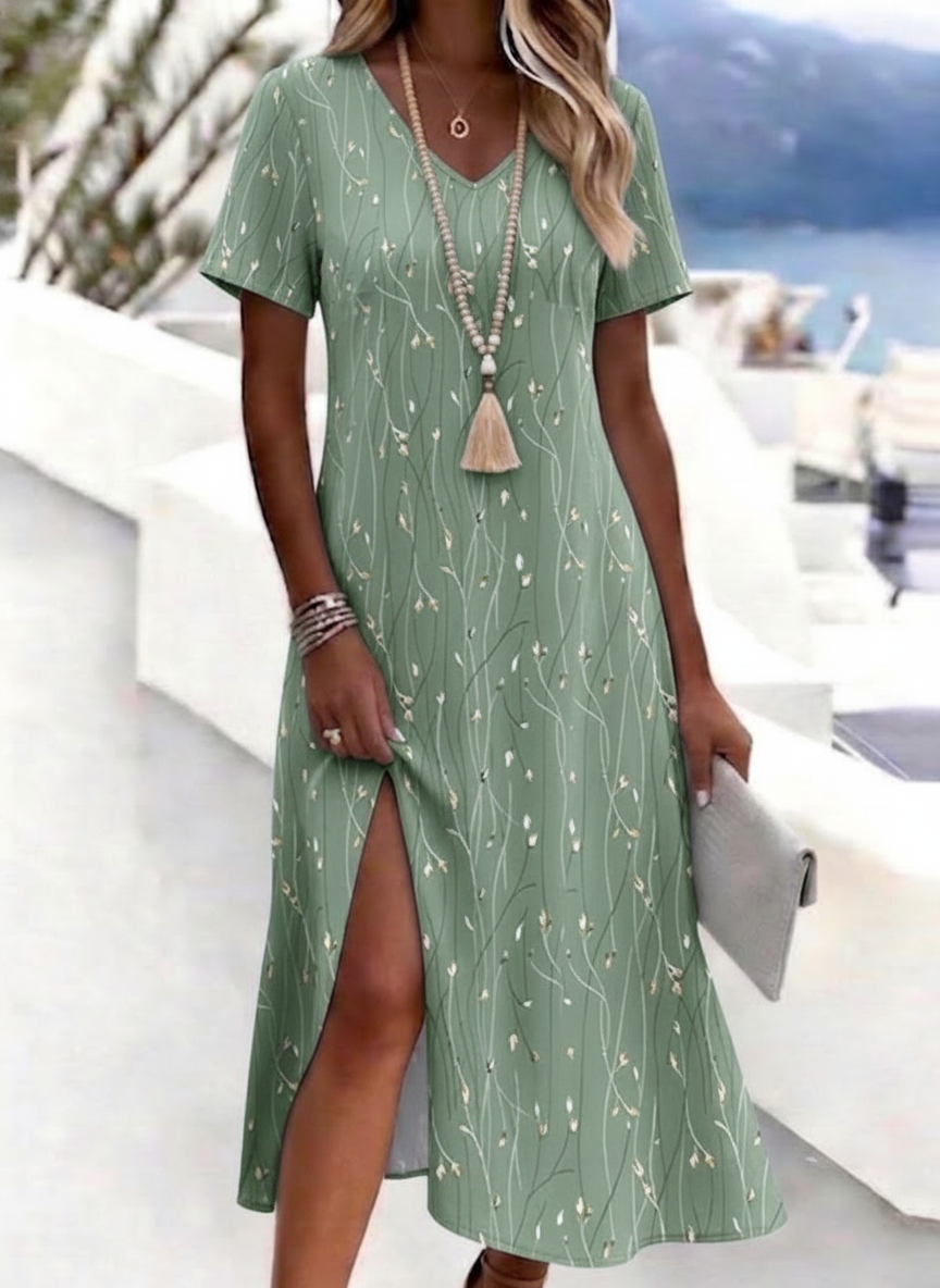 Green - Women Floral Summer Dress V Neck Sh