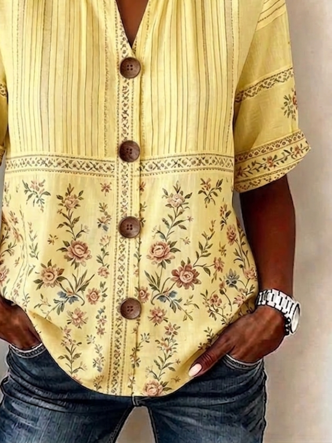 Stand Collar Long Sleeve Floral Reg