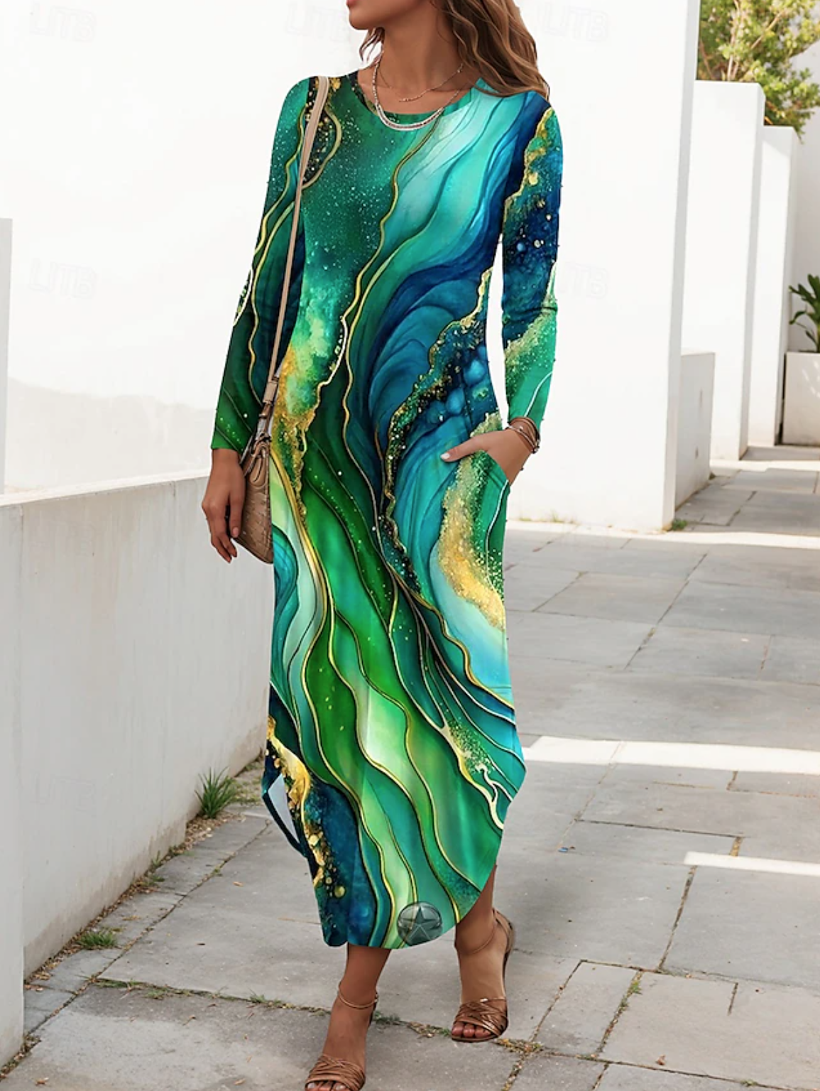 Green - Women Striped Spring/Fall Dress Cre