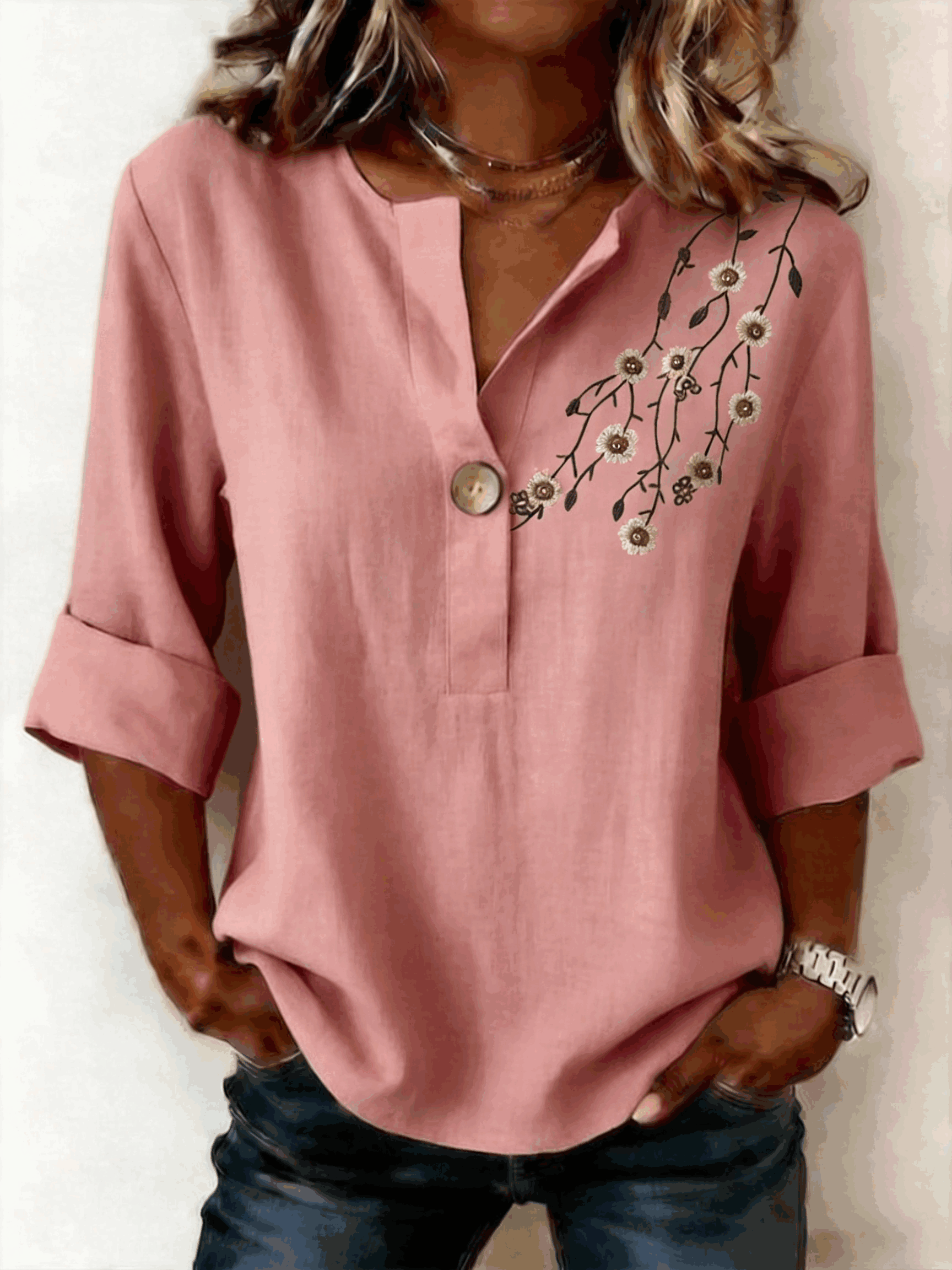 Pink - V Neck Three Quarter Sleeve Floral 