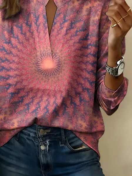 V Neck Long Sleeve Abstract Printin
