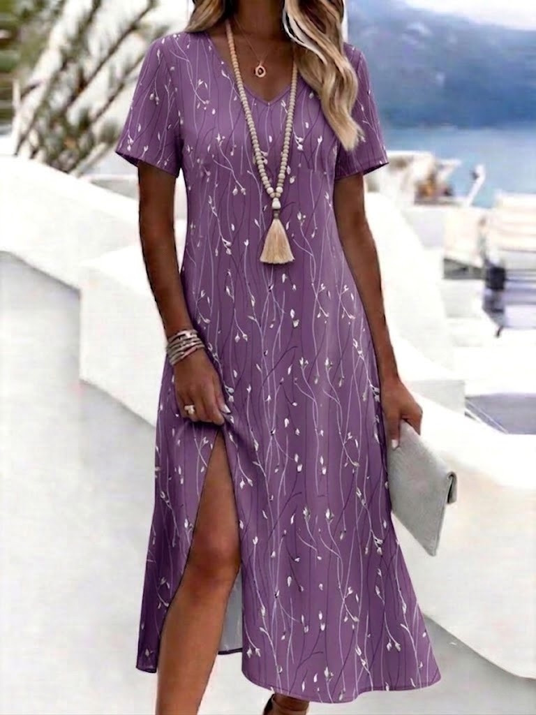 Purple - Women Floral Summer Dress V Neck Sh