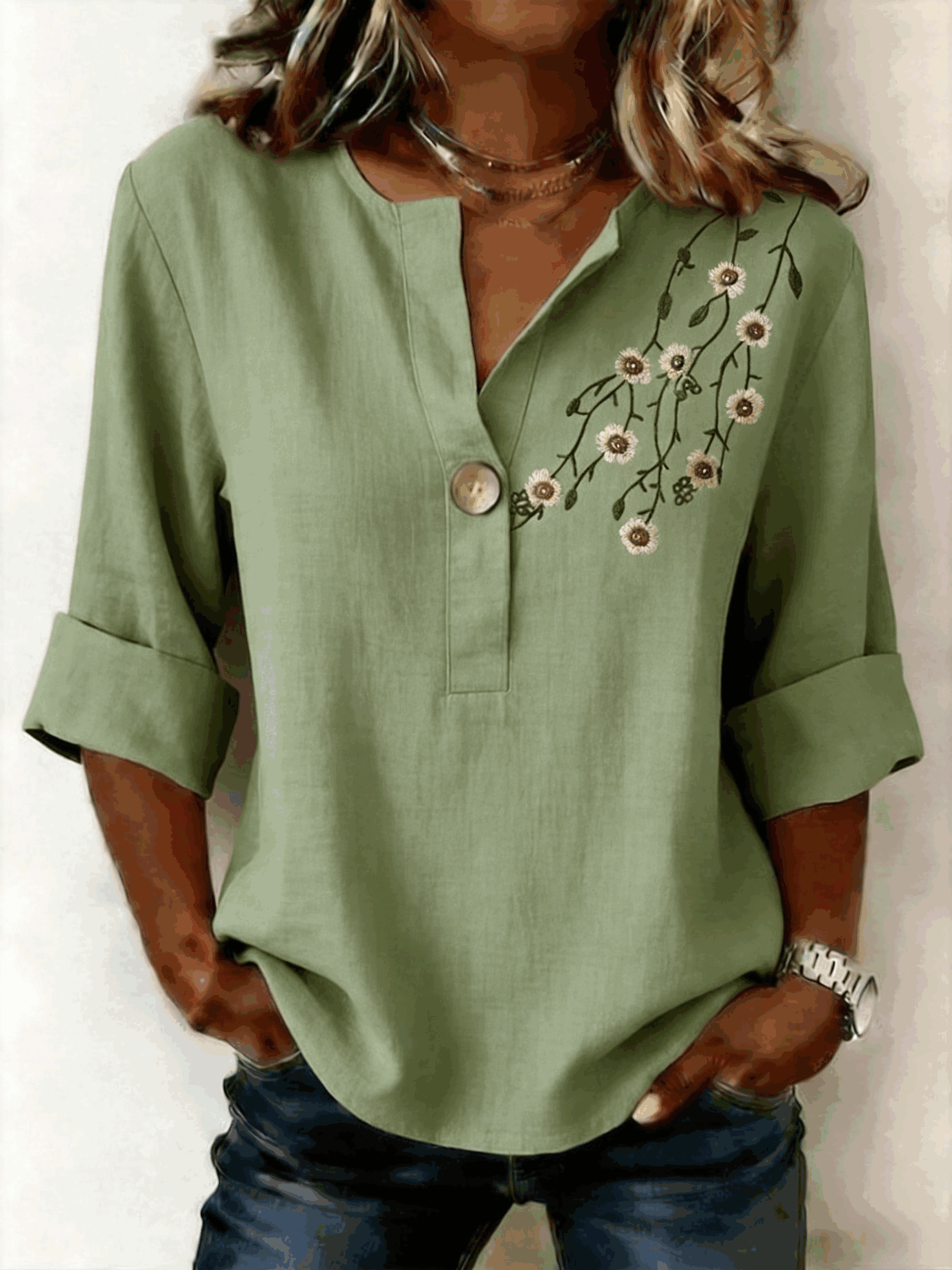 Green - V Neck Three Quarter Sleeve Floral 