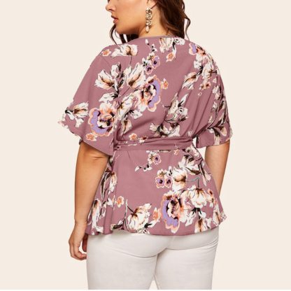 Women Blouse Plus Size Sexy V Neck Floral Print Flare Sleeve Belted Surplice Peplum Tops And Blouse Blusas Feminina Блузка #BL4