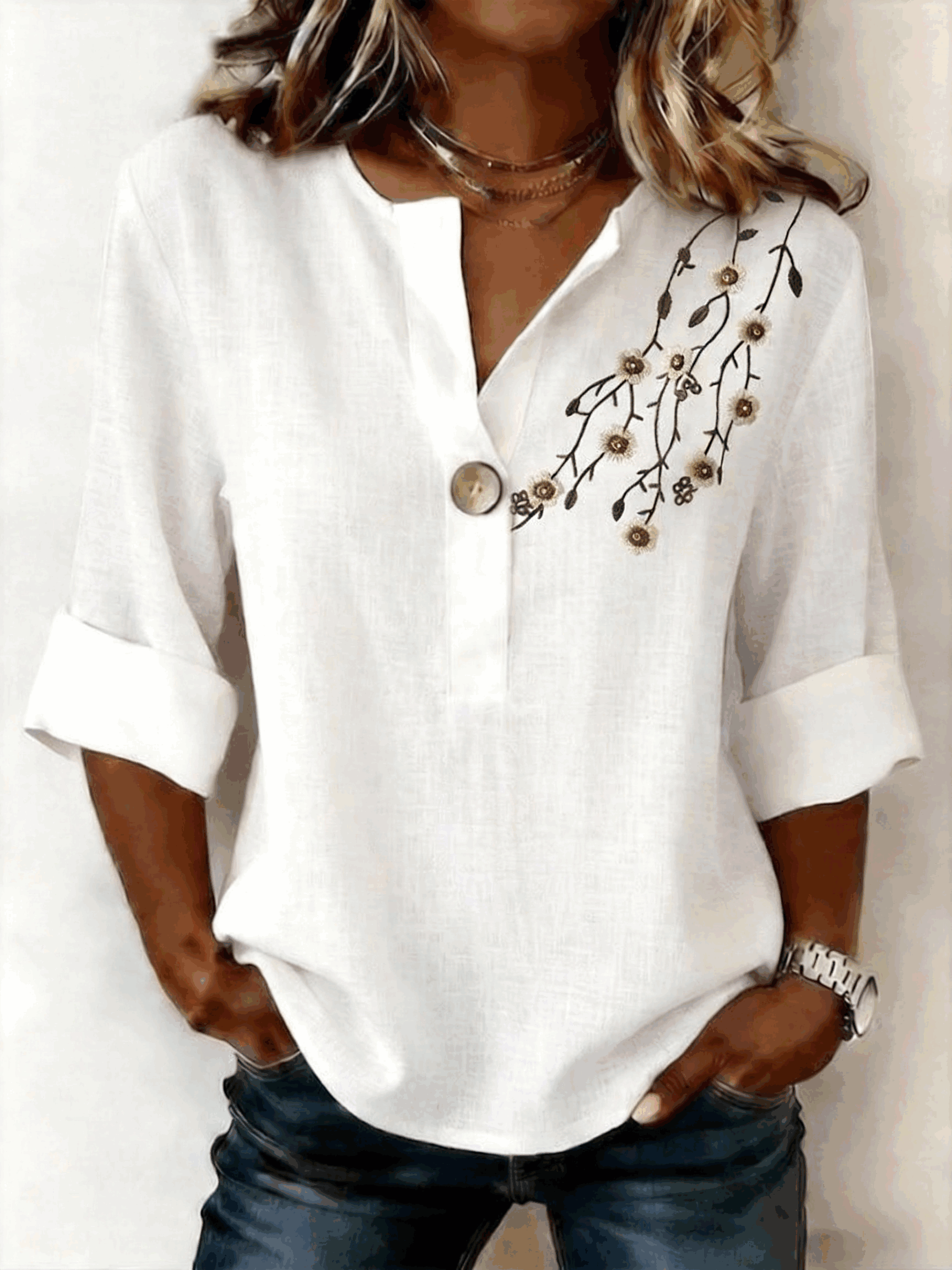 White - V Neck Three Quarter Sleeve Floral 