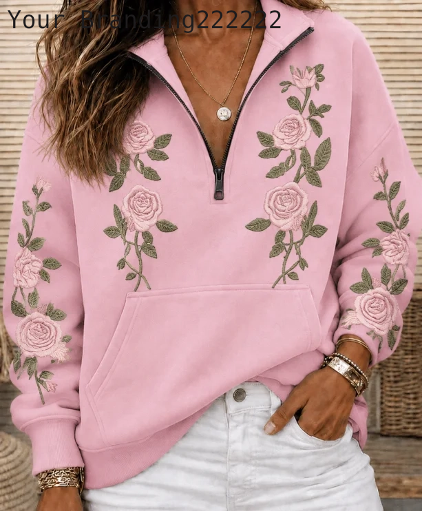 Casual Half Open Collar Floral Sweatshirt