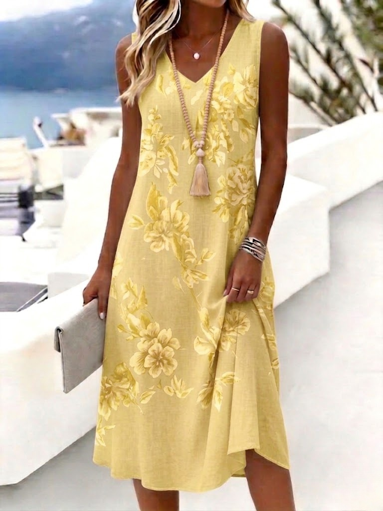 Yellow - Women Floral Summer Dress V Neck Sl