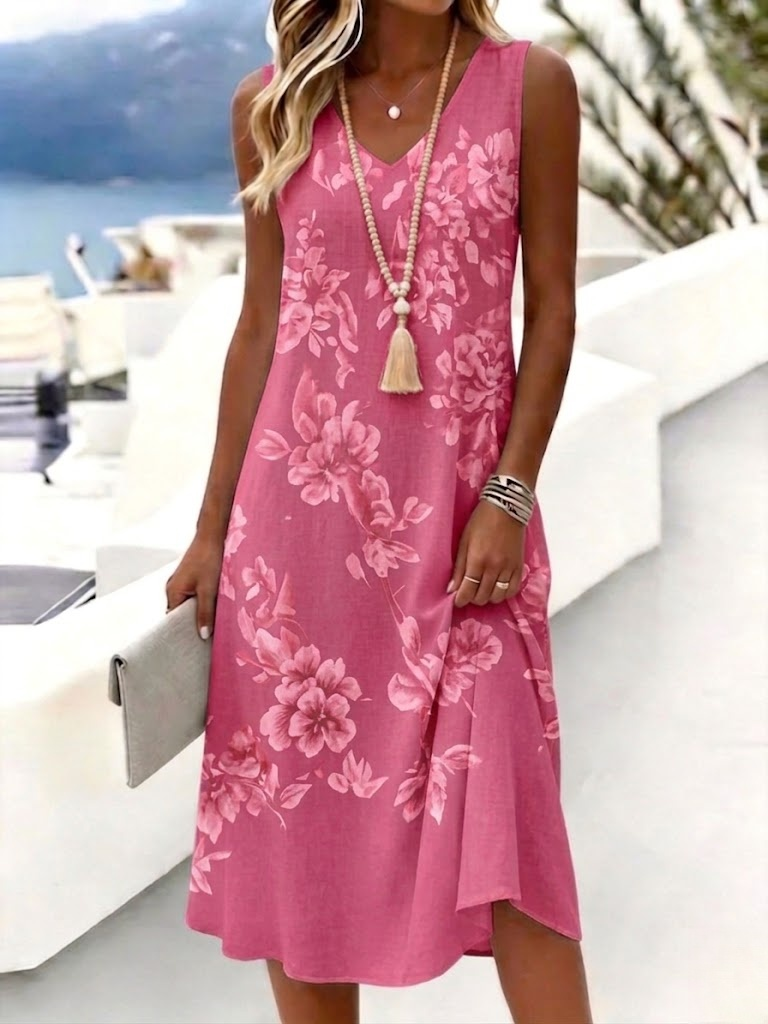 Pink - Women Floral Summer Dress V Neck Sl
