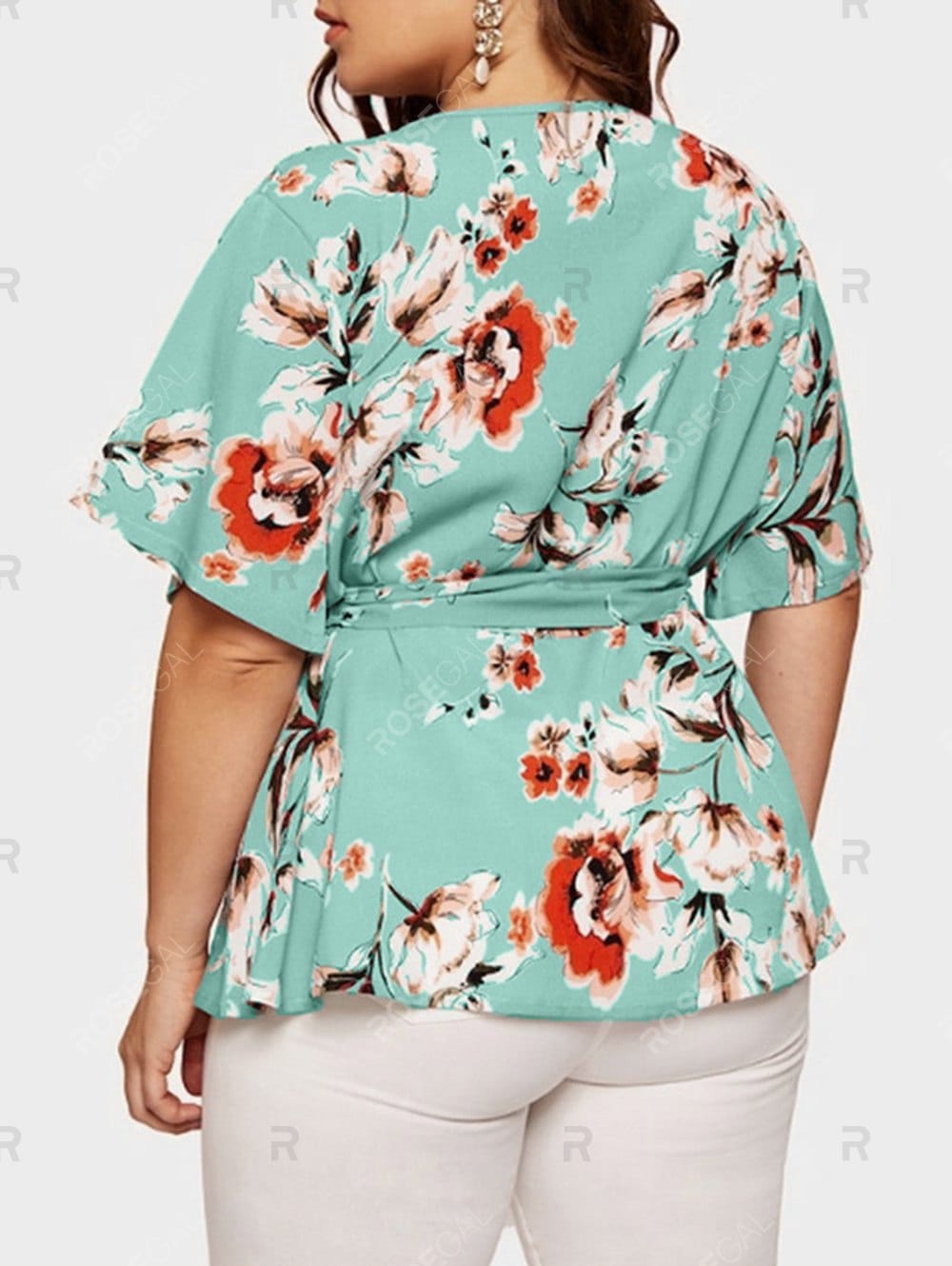 Women Blouse Plus Size Sexy V Neck Floral Print Flare Sleeve Belted Surplice Peplum Tops And Blouse Blusas Feminina Блузка #BL4