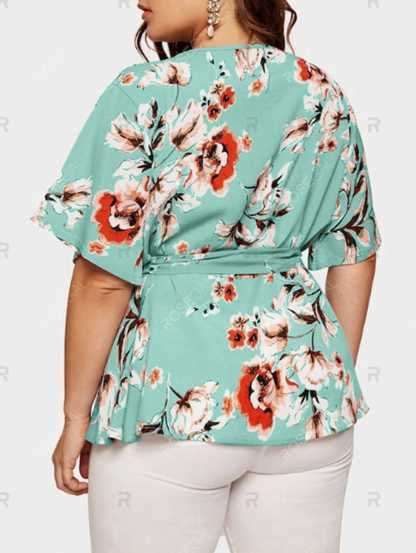 Women Blouse Plus Size Sexy V Neck Floral Print Flare Sleeve Belted Surplice Peplum Tops And Blouse Blusas Feminina Блузка #BL4